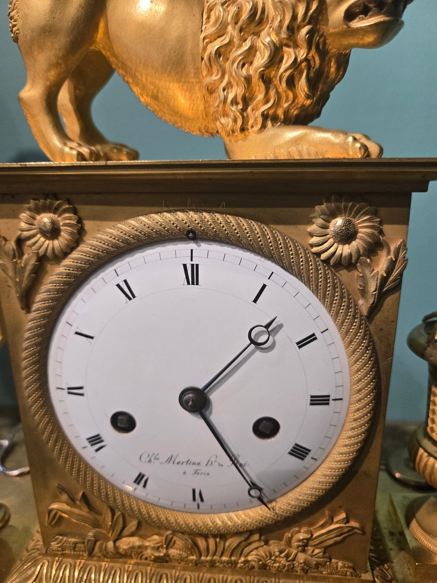 Orologio da tavolo in bronzo dorato, 1820 circa, quadrante porcellana Martina Torino, buono sta-photo-4