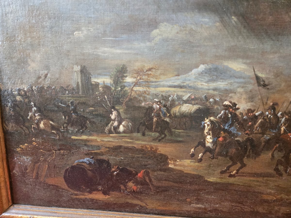 Coppia di olii su tela, scene di battaglia, Napoli fine 600, att. Ciccio Napol, ottimo stato-photo-1