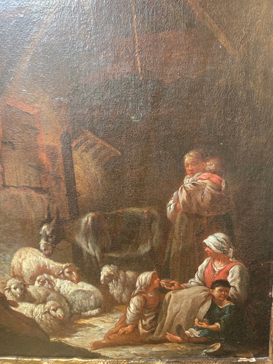 Olio su tela, cm 35 x 42 , scena pastorale, Bologna XVIII secolo, buono stato , cornice antica-photo-1