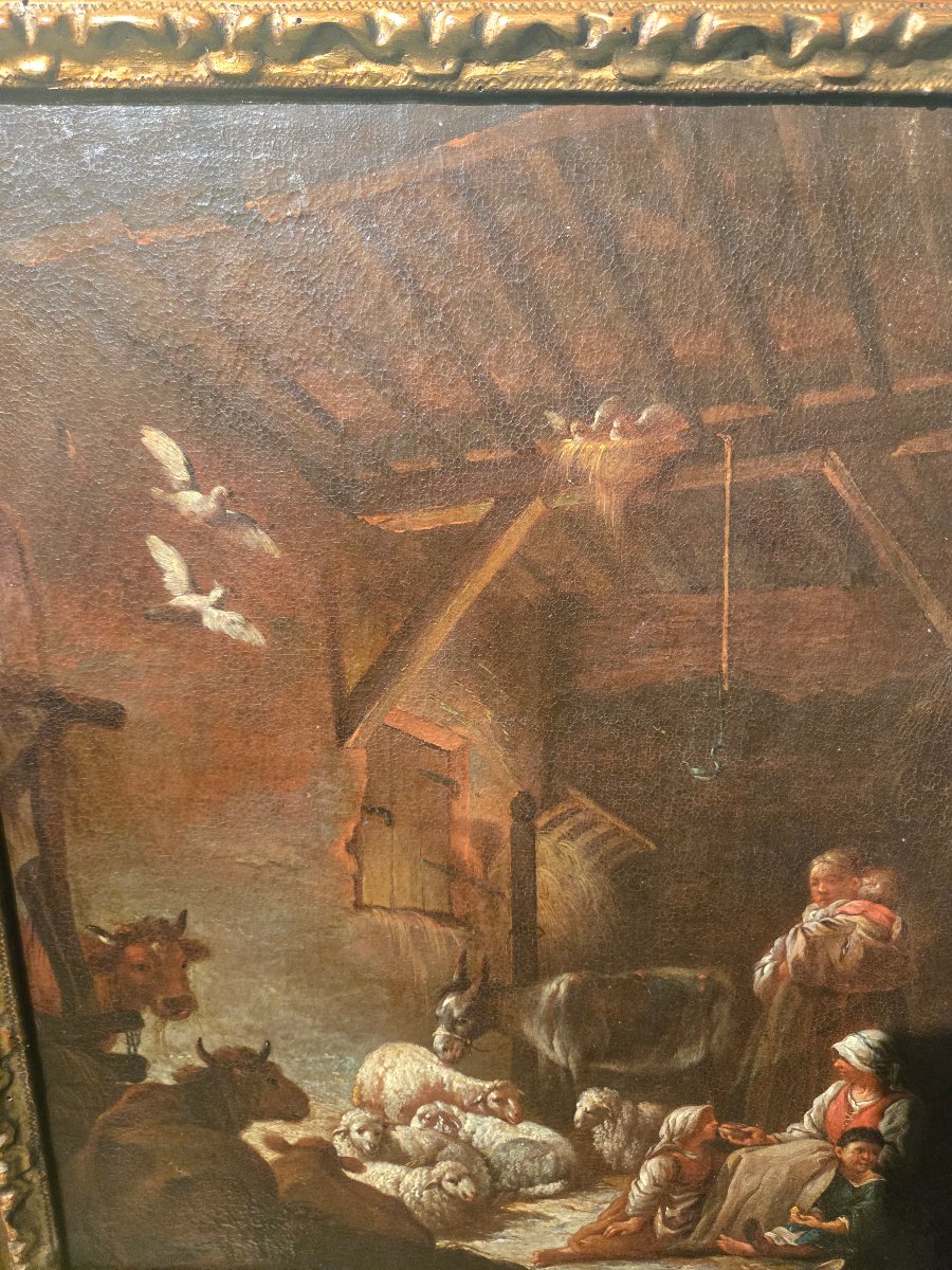 Olio su tela, cm 35 x 42 , scena pastorale, Bologna XVIII secolo, buono stato , cornice antica-photo-2