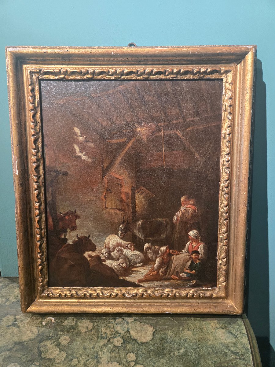 Olio su tela, cm 35 x 42 , scena pastorale, Bologna XVIII secolo, buono stato , cornice antica
