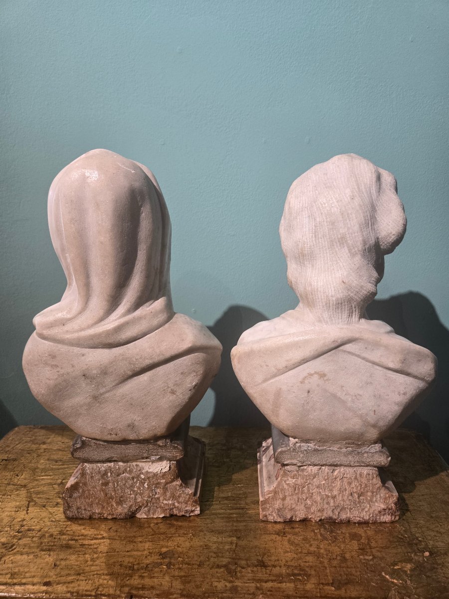 Coppia di busti in marmo raffiguranti Filosofi, fine del XVIII secolo, h 32 cm con base marmo-photo-6