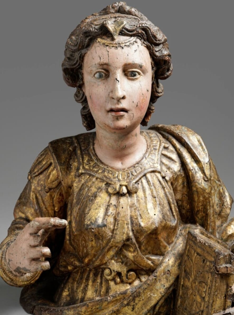 Busto di Santa in legno laccato e dorato in policromia, h 56 x 40, primi del XVII secolo