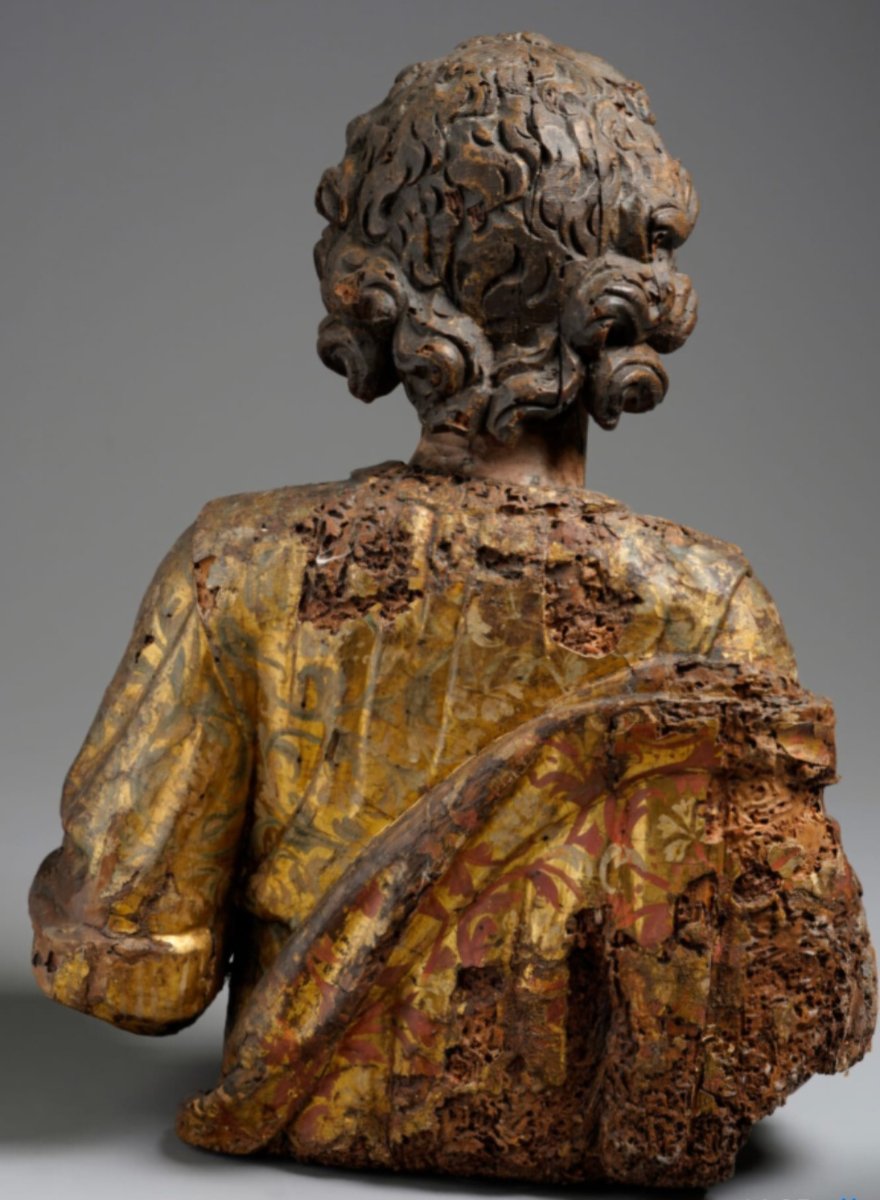 Busto di Santo in legno laccato e dorato in policromia, h 56 x 40, primi del XVII secolo-photo-2