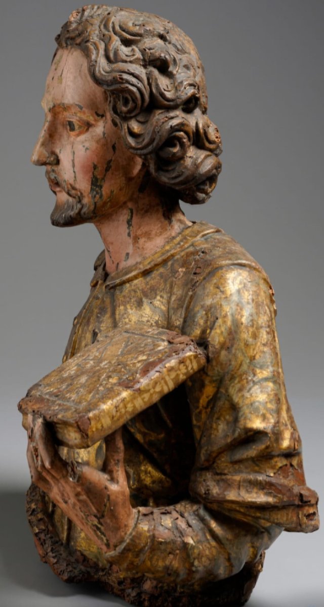 Busto di Santo in legno laccato e dorato in policromia, h 56 x 40, primi del XVII secolo-photo-3