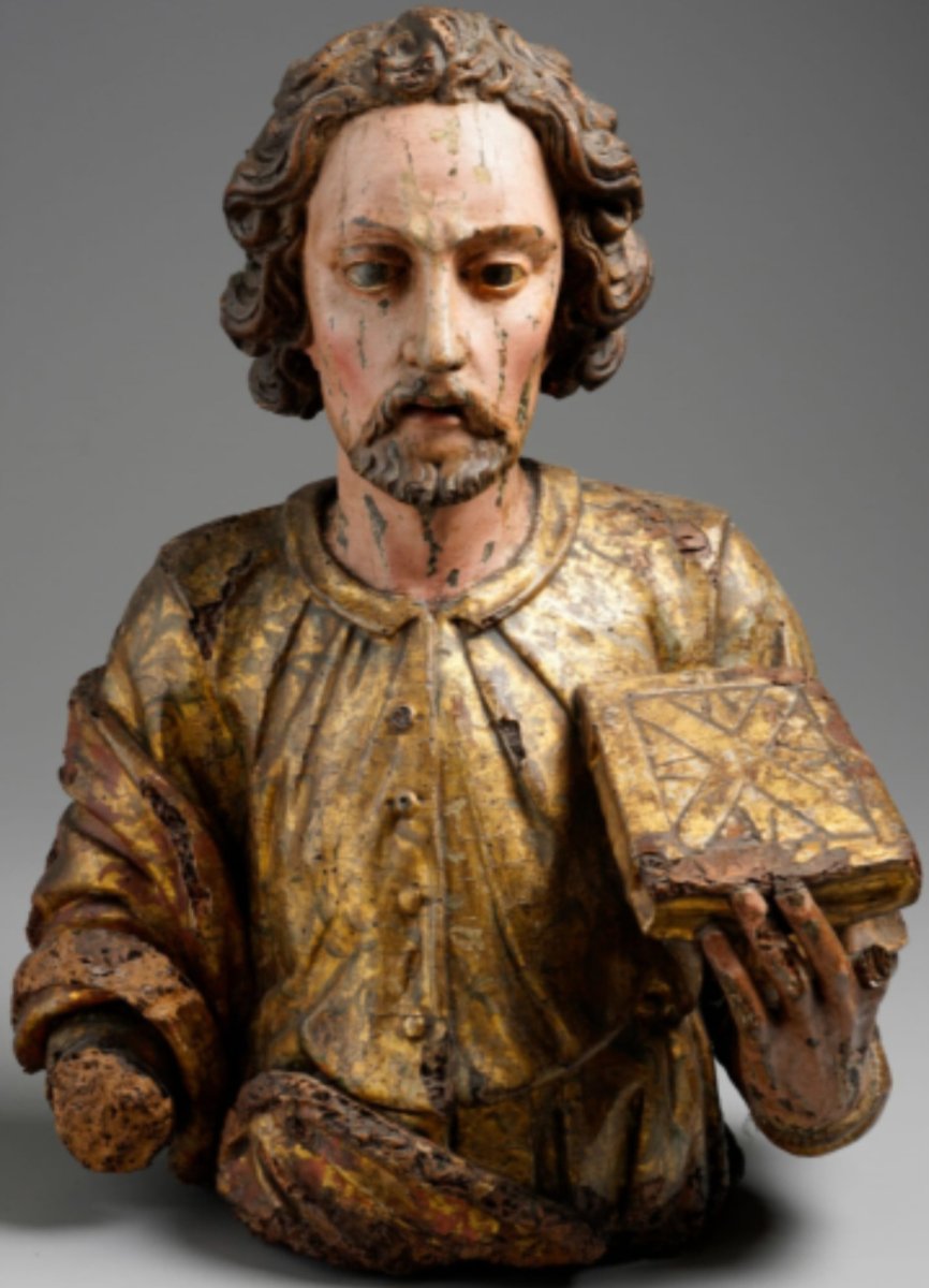 Busto di Santo in legno laccato e dorato in policromia, h 56 x 40, primi del XVII secolo