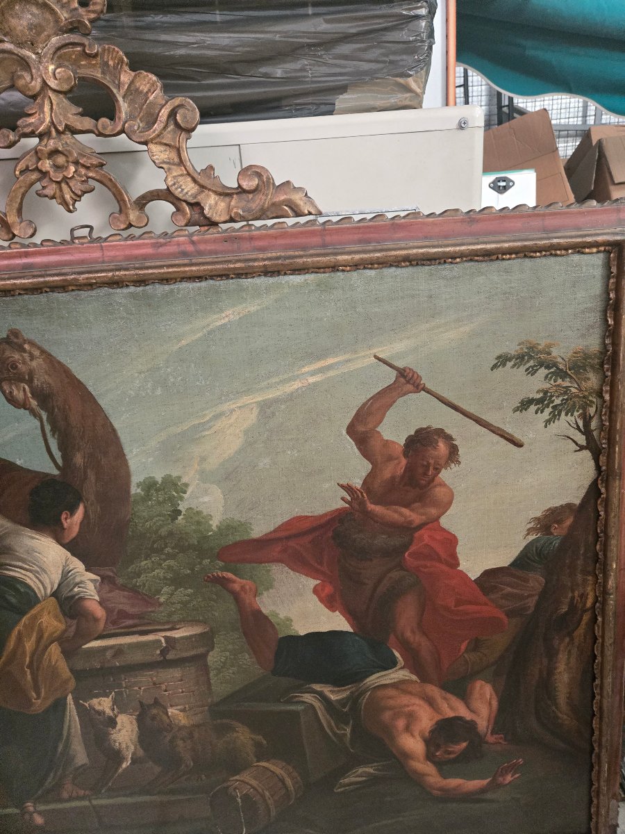 Olio su tela, Mose che difende le figlie di Jetro, G.B.Marcola, Verona 700, exp. Prof. Ruggeri-photo-3