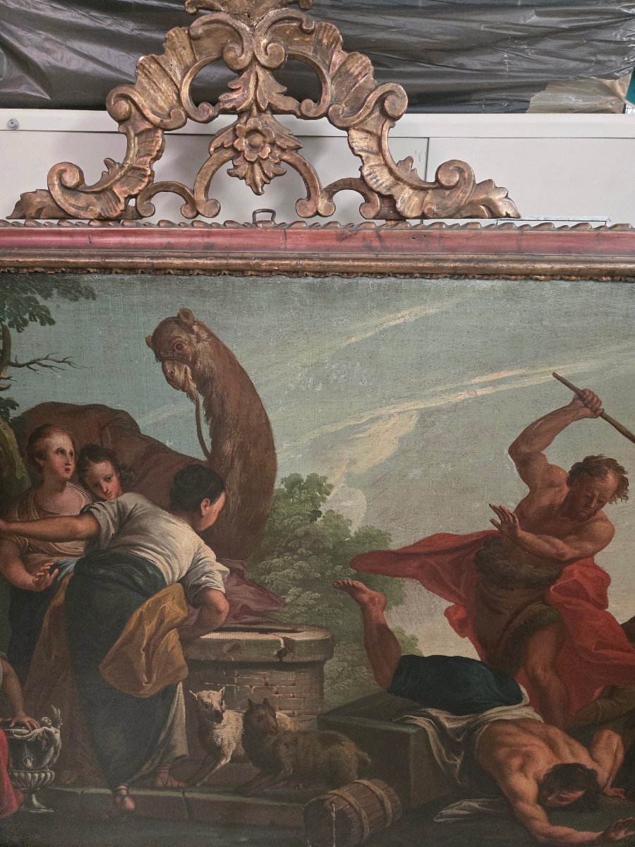 Olio su tela, Mose che difende le figlie di Jetro, G.B.Marcola, Verona 700, exp. Prof. Ruggeri-photo-4
