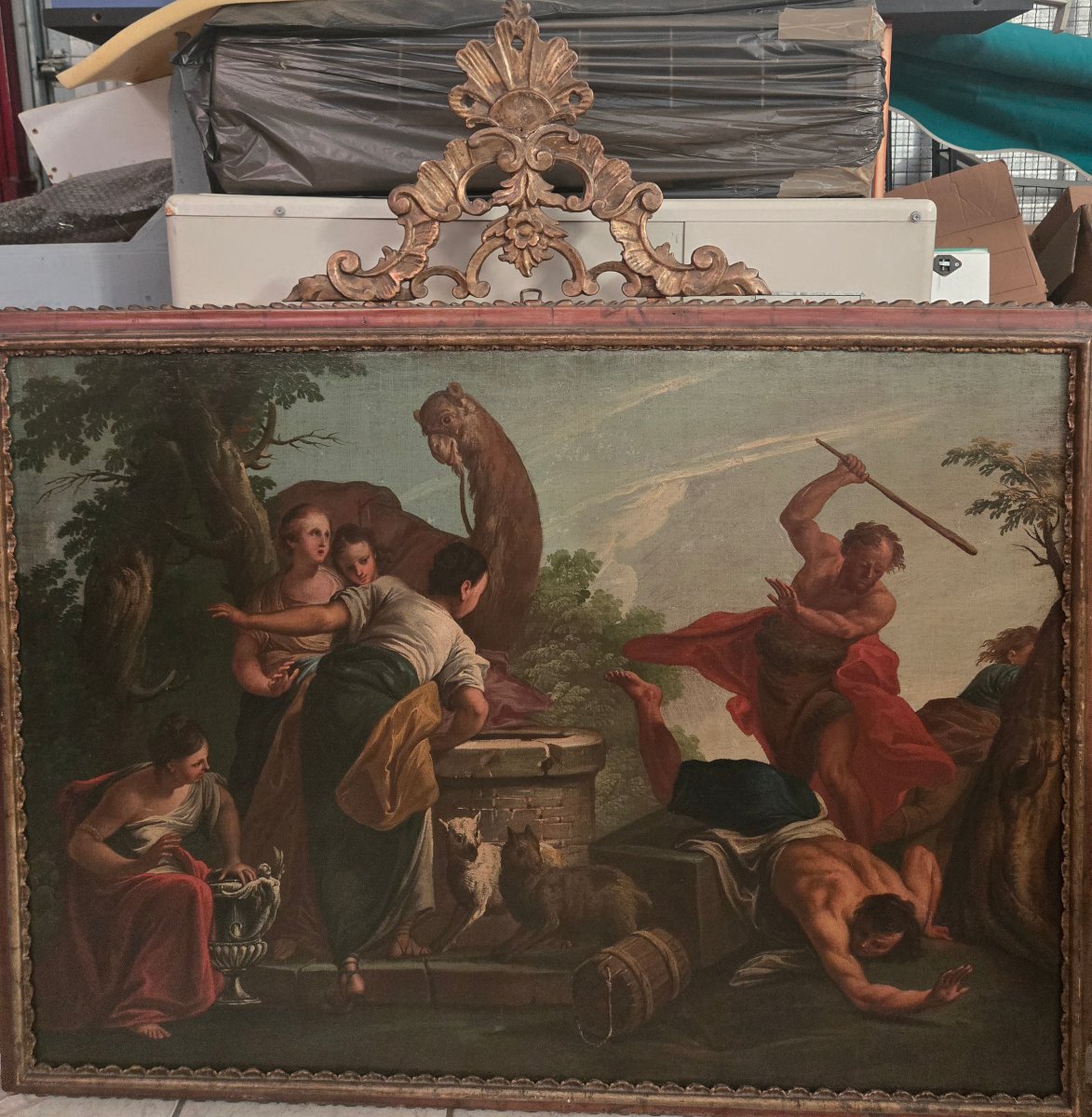 Olio su tela, Mose che difende le figlie di Jetro, G.B.Marcola, Verona 700, exp. Prof. Ruggeri