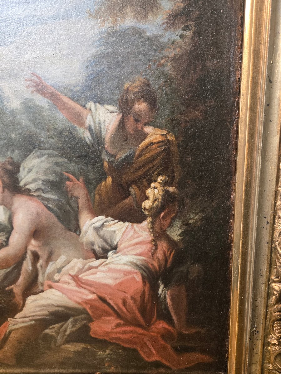 Olio su tela, cm 29 x 41, Betsabea al bagno, Att. Francesco Conti Firenze XVIII s. Buono stat-photo-2