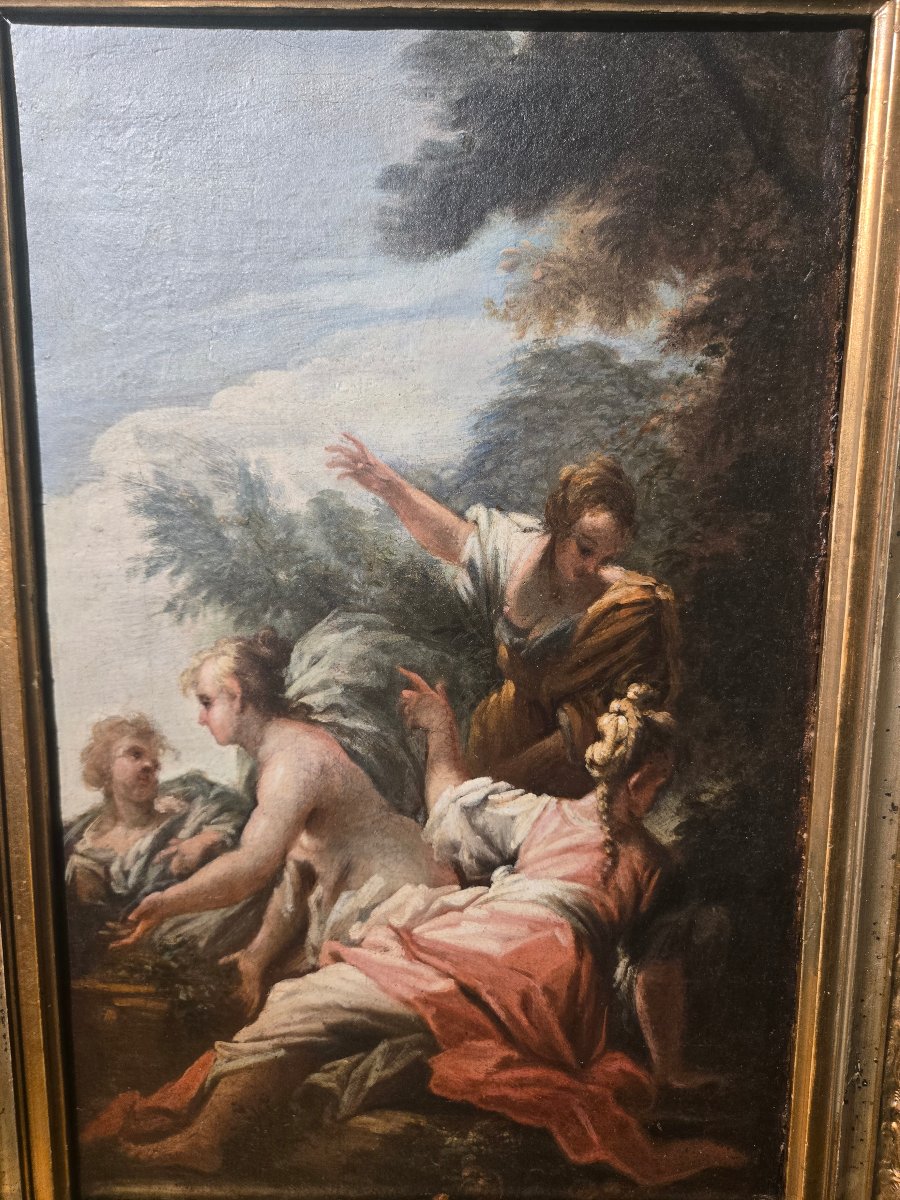 Olio su tela, cm 29 x 41, Betsabea al bagno, Att. Francesco Conti Firenze XVIII s. Buono stat-photo-3