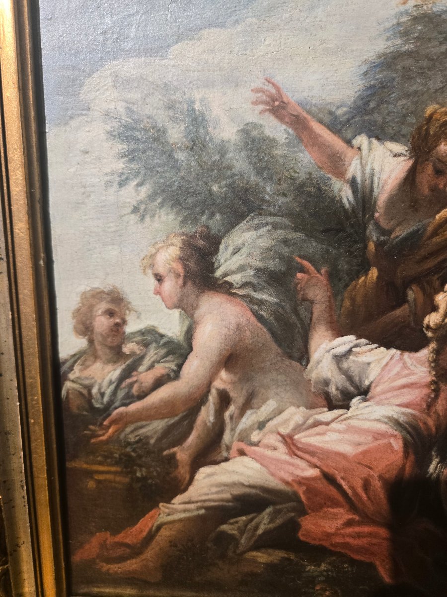 Olio su tela, cm 29 x 41, Betsabea al bagno, Att. Francesco Conti Firenze XVIII s. Buono stat-photo-1