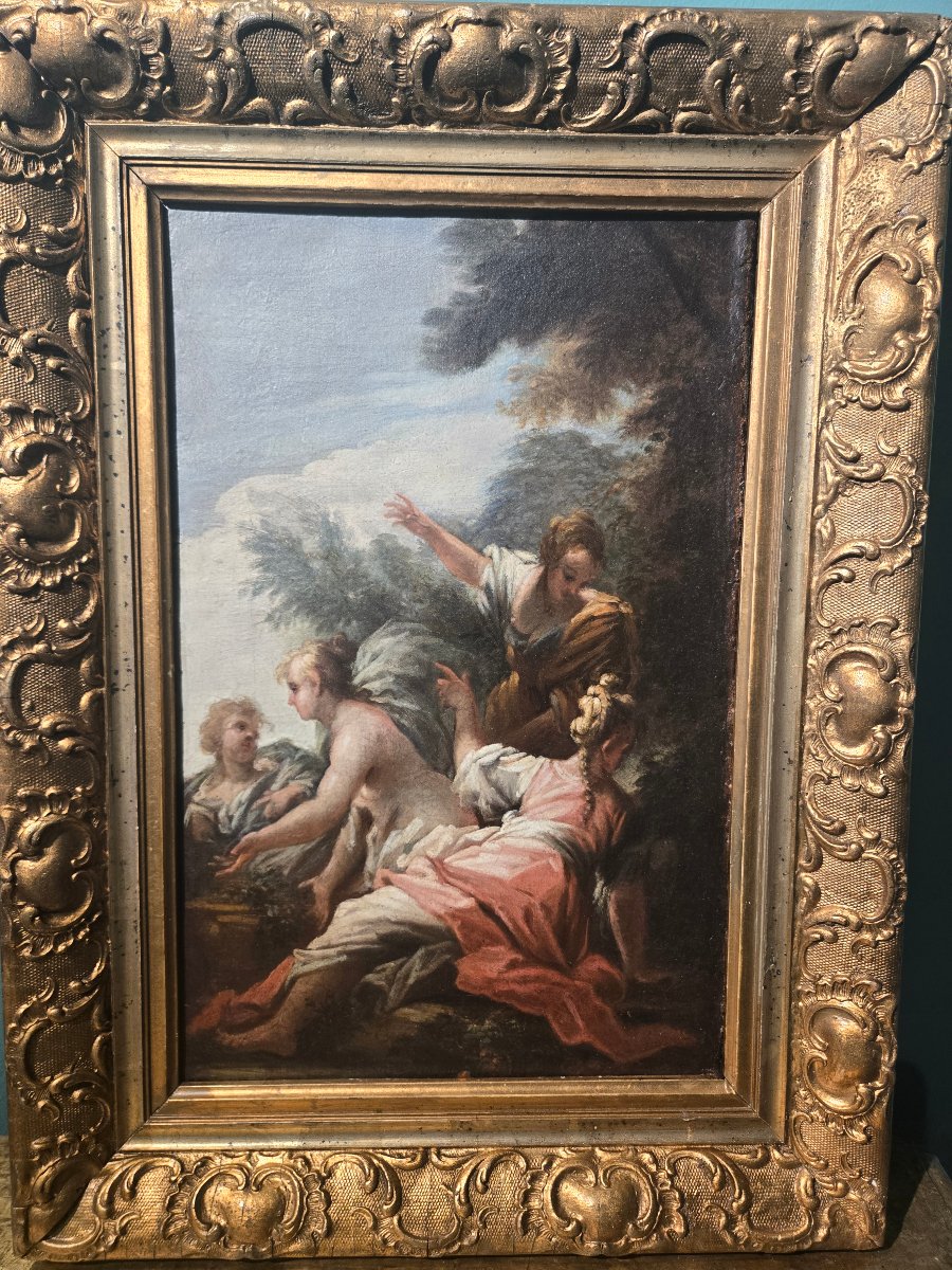 Olio su tela, cm 29 x 41, Betsabea al bagno, Att. Francesco Conti Firenze XVIII s. Buono stat