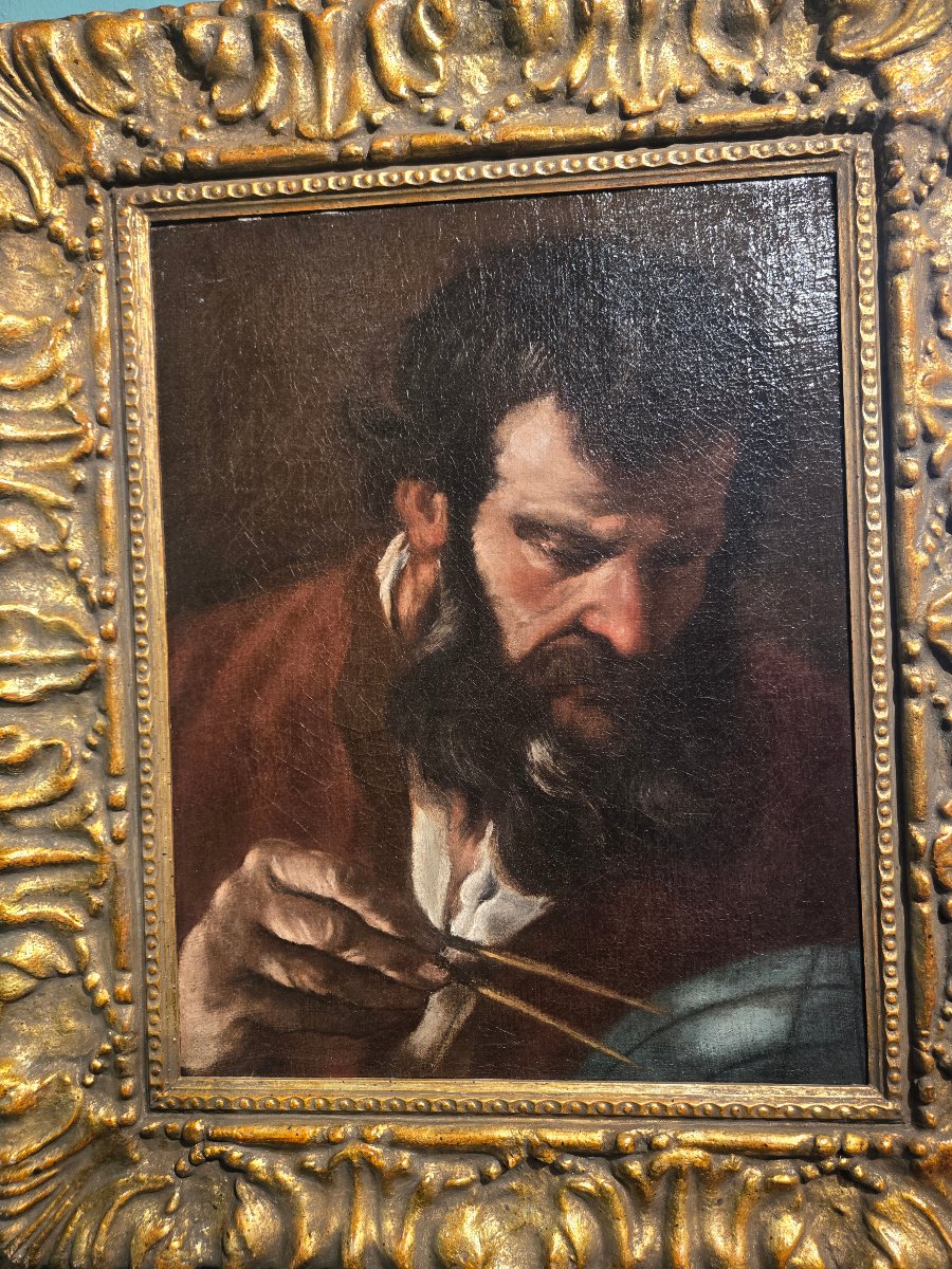 Olio su tela, cm 43 x 34, Roma XVII secolo, Ritratto di Astronomo, cornice dorata, buono stato-photo-3