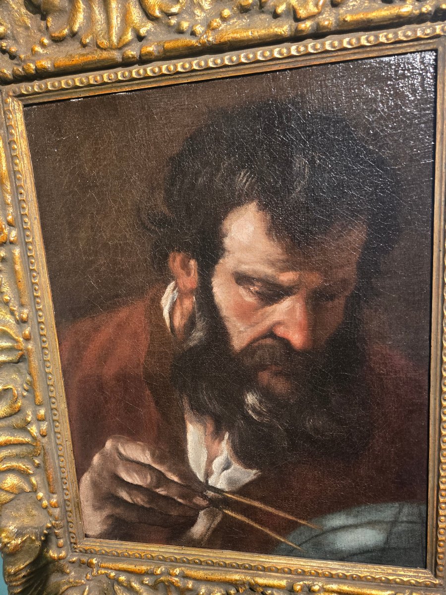 Olio su tela, cm 43 x 34, Roma XVII secolo, Ritratto di Astronomo, cornice dorata, buono stato-photo-4