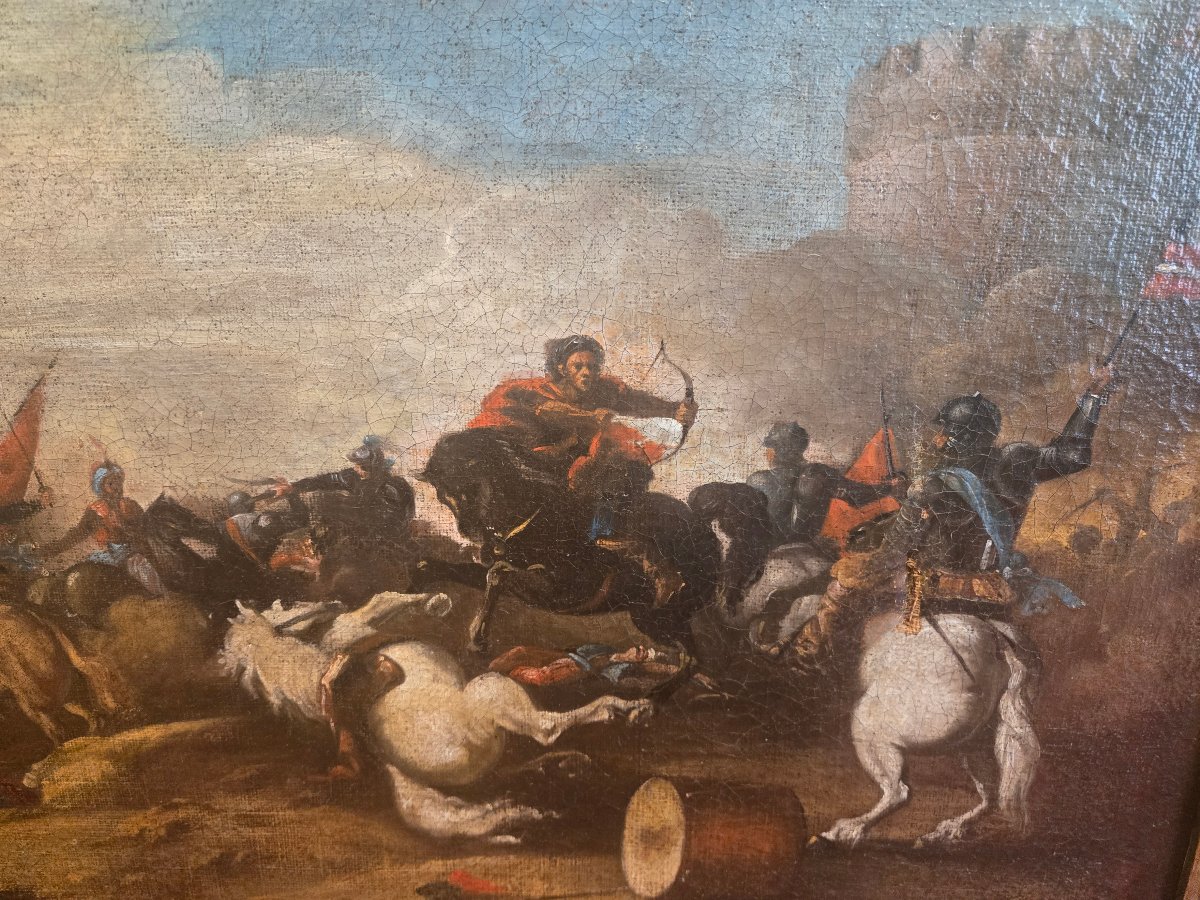 Olio su tela, scena di battaglia, fine XVII secolo, discreto stato conservativo -photo-3