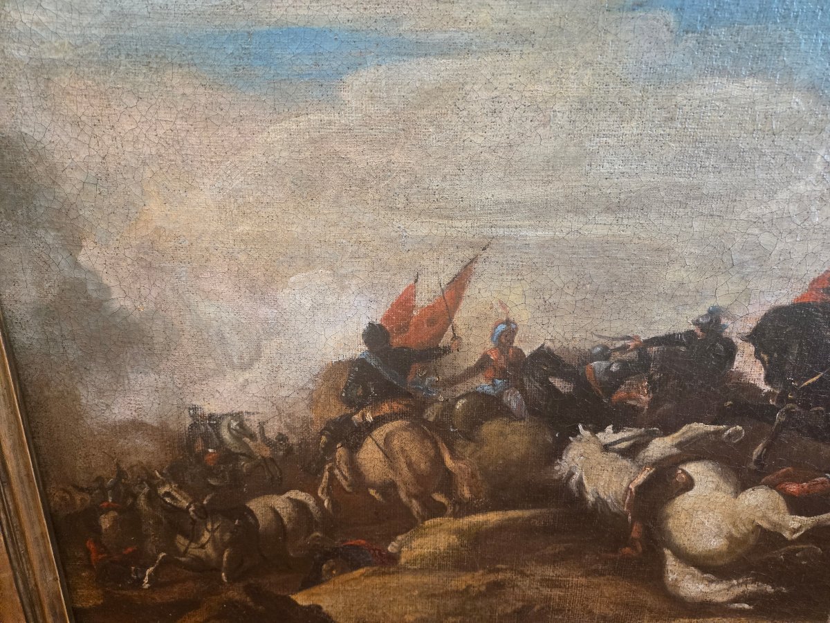 Olio su tela, scena di battaglia, fine XVII secolo, discreto stato conservativo -photo-2