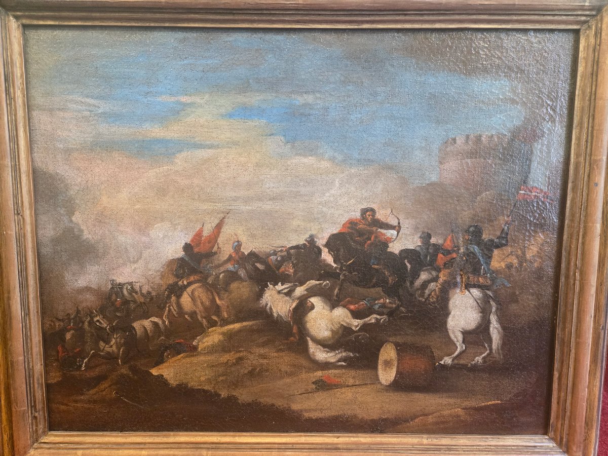 Olio su tela, scena di battaglia, fine XVII secolo, discreto stato conservativo 