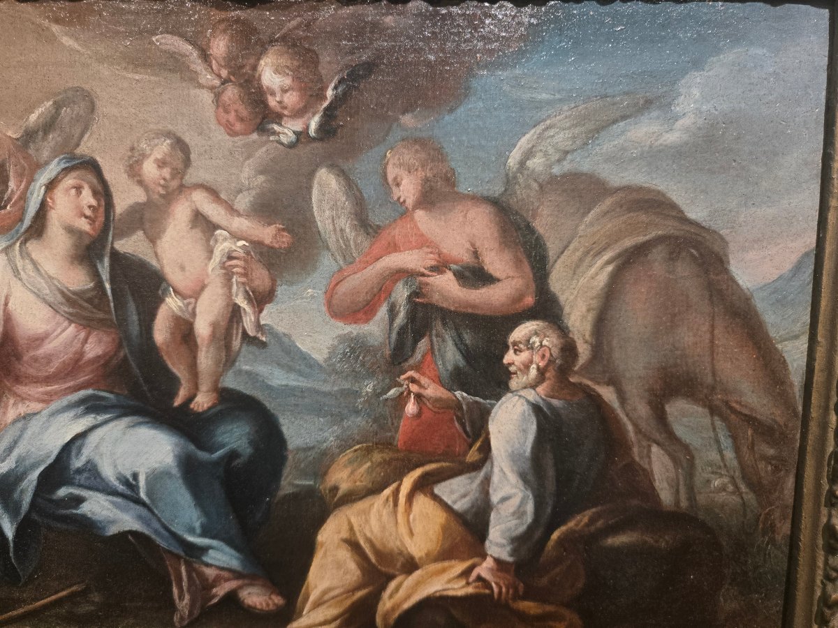Olio su tela, Riposo durante la fuga in Egitto, cm 25 x 35, Maestro Veneziano del XVIII secolo-photo-2