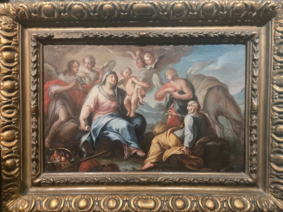 Olio su tela, Riposo durante la fuga in Egitto, cm 25 x 35, Maestro Veneziano del XVIII secolo