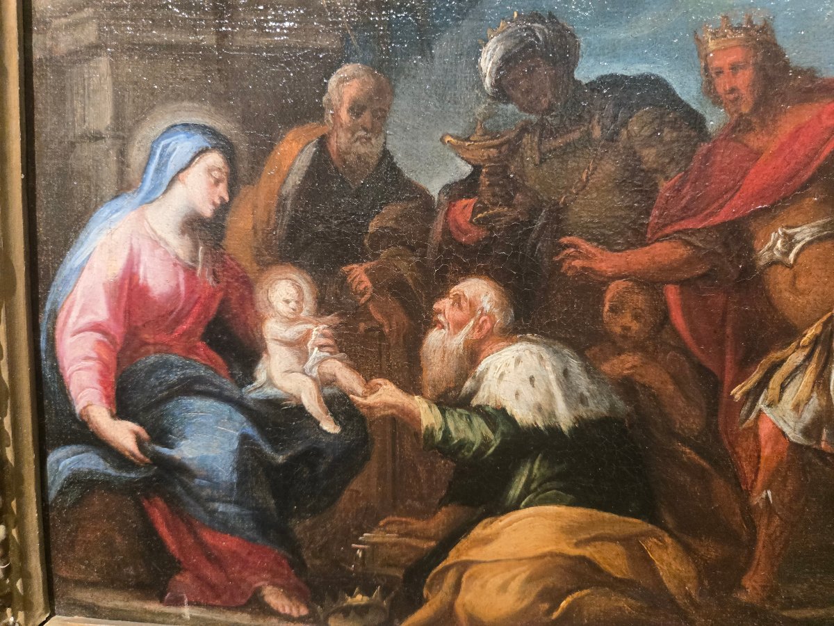Olio su tela, cm 25 x 35 , Adorazione dei Magi, Maestro Veneziano del XVIII secolo, ottimo stat-photo-3