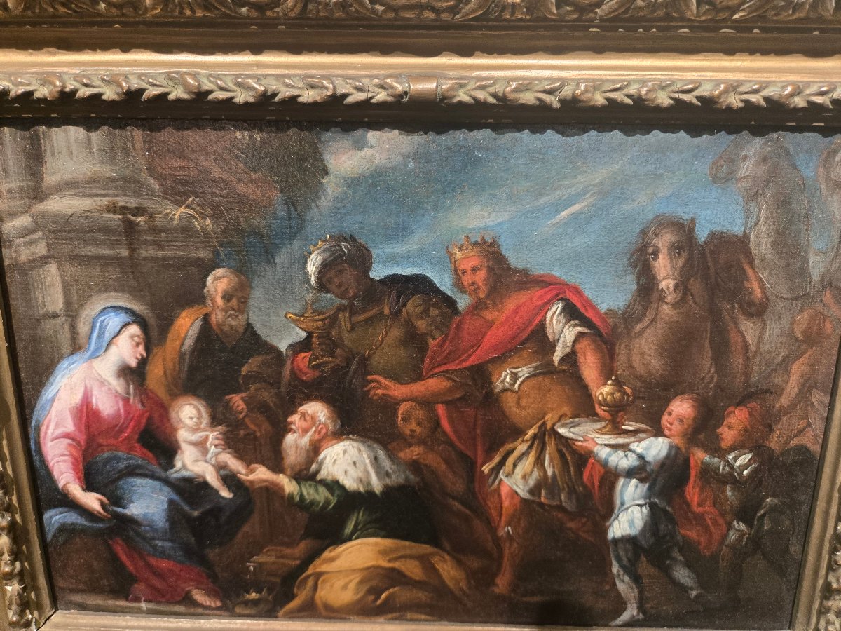 Olio su tela, cm 25 x 35 , Adorazione dei Magi, Maestro Veneziano del XVIII secolo, ottimo stat-photo-4