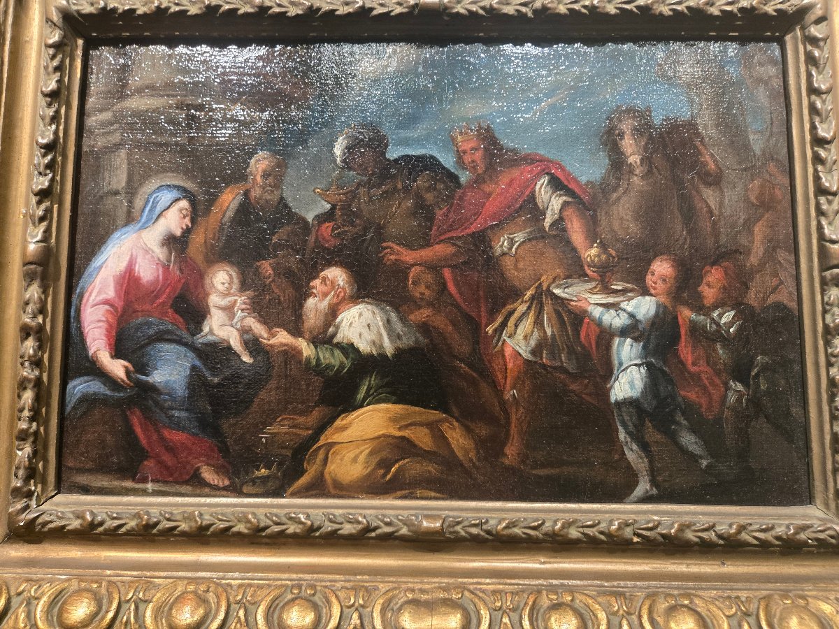 Olio su tela, cm 25 x 35 , Adorazione dei Magi, Maestro Veneziano del XVIII secolo, ottimo stat-photo-1