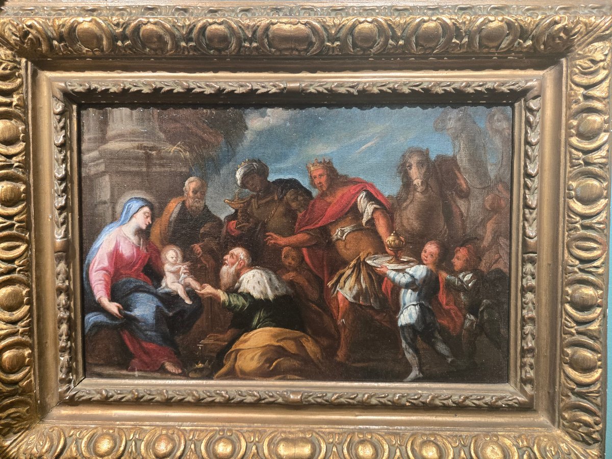 Olio su tela, cm 25 x 35 , Adorazione dei Magi, Maestro Veneziano del XVIII secolo, ottimo stat