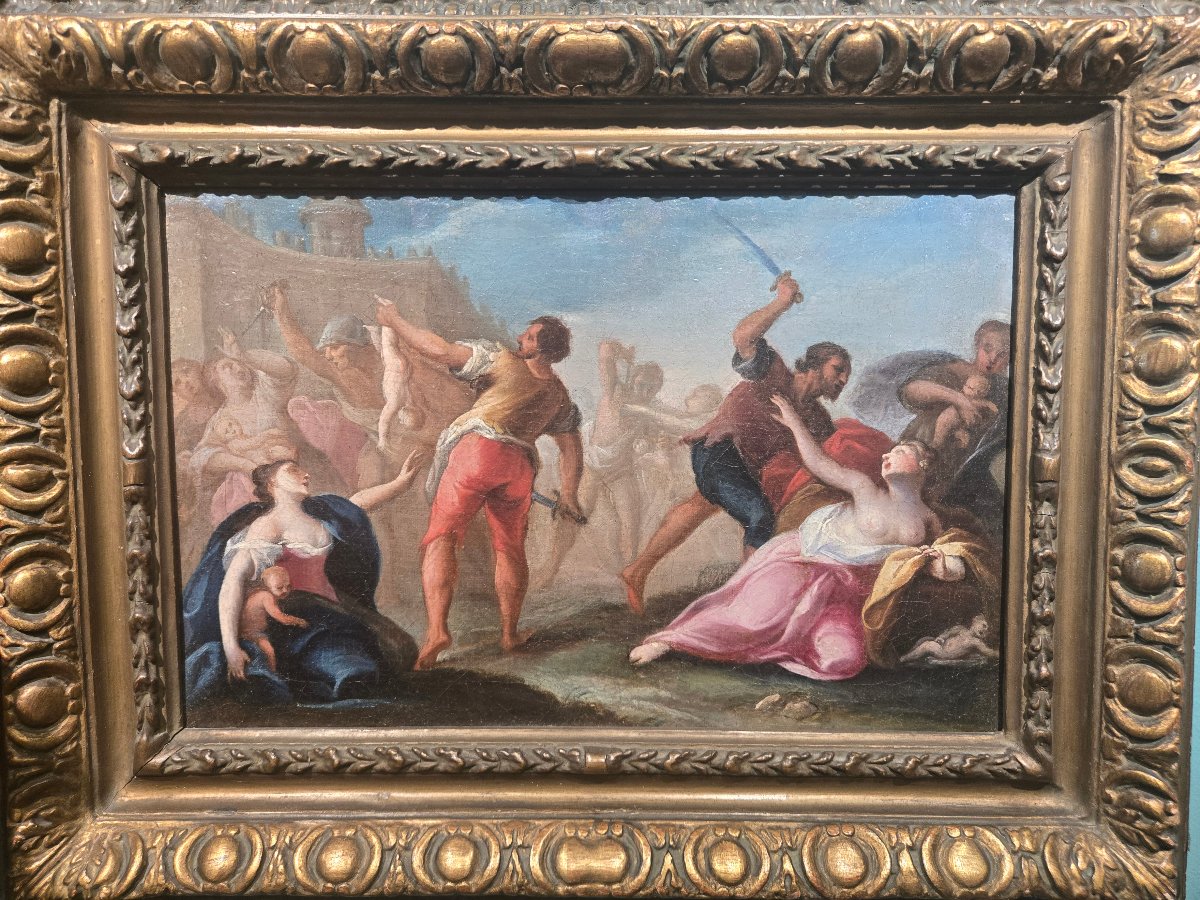 Olio su tela cm 25 x 35 Il massacro degli Innocenti, Maestro Veneziano del XVIII secolo,