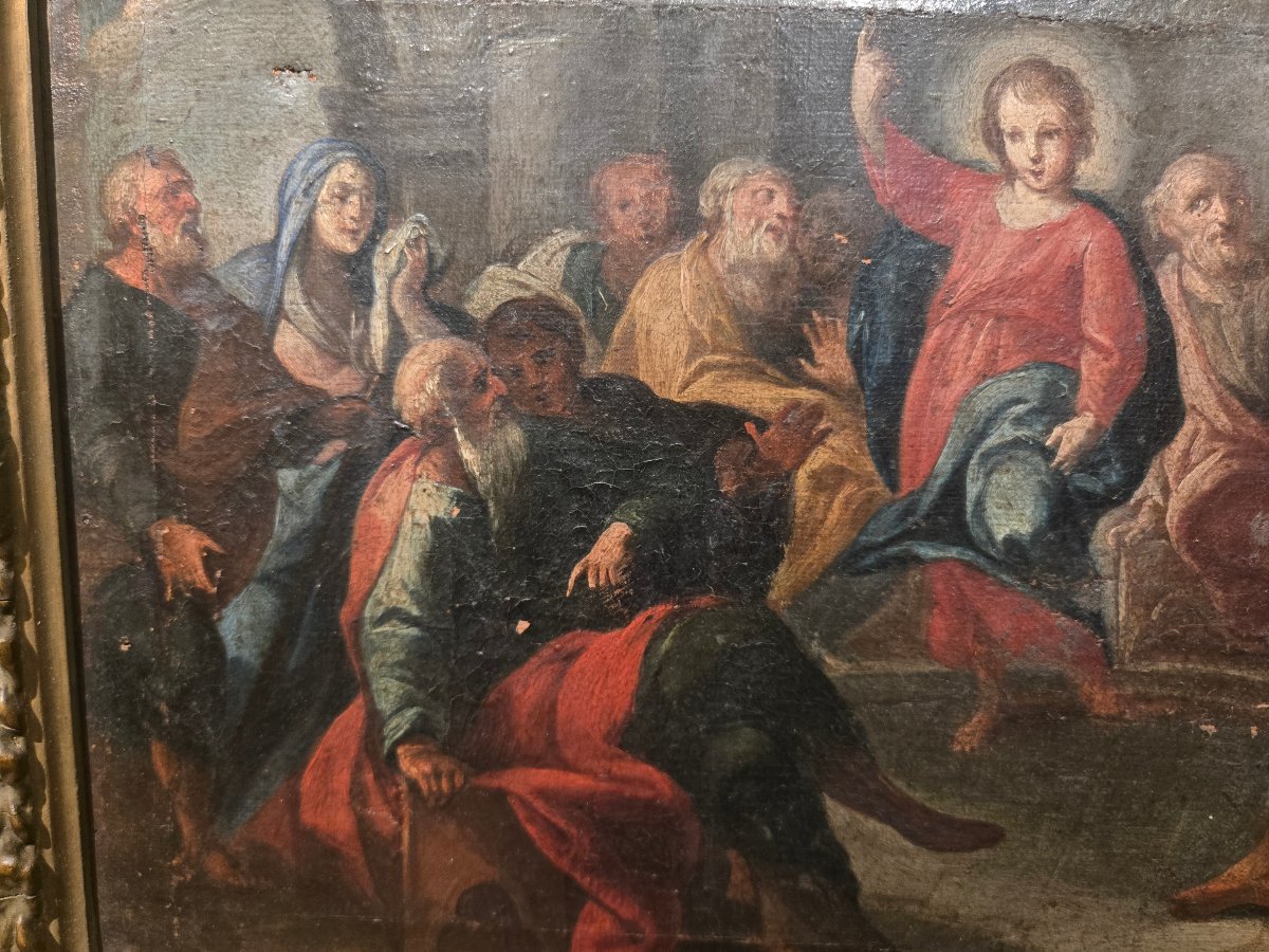 Olio su tela, 34 x 25, Gesù tra i Dottori, Maestro Veneziano del XVIII secolo, discreto stato -photo-2