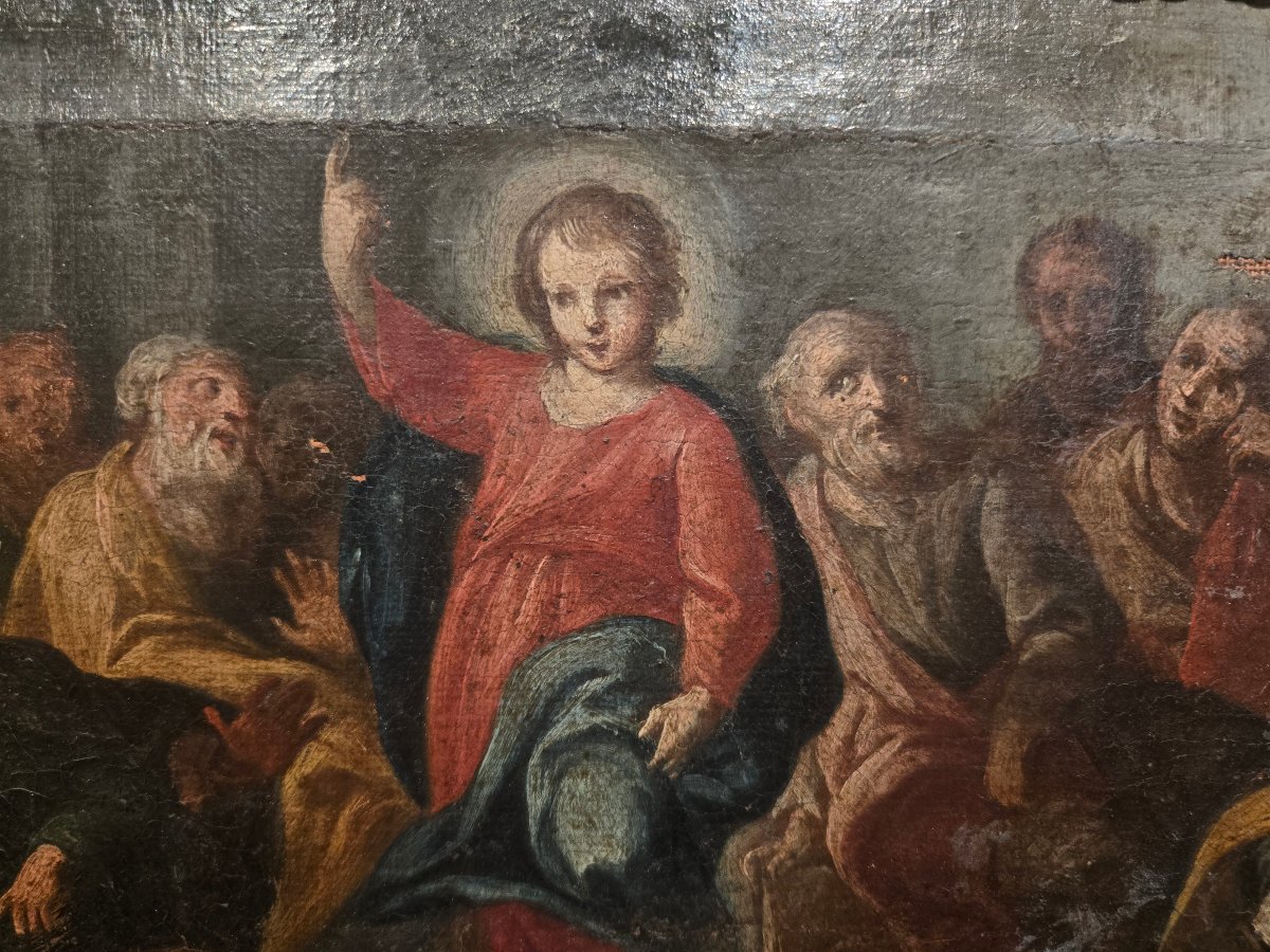 Olio su tela, 34 x 25, Gesù tra i Dottori, Maestro Veneziano del XVIII secolo, discreto stato -photo-3