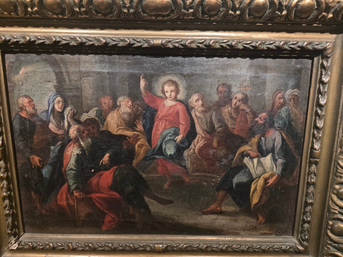 Olio su tela, 34 x 25, Gesù tra i Dottori, Maestro Veneziano del XVIII secolo, discreto stato -photo-4