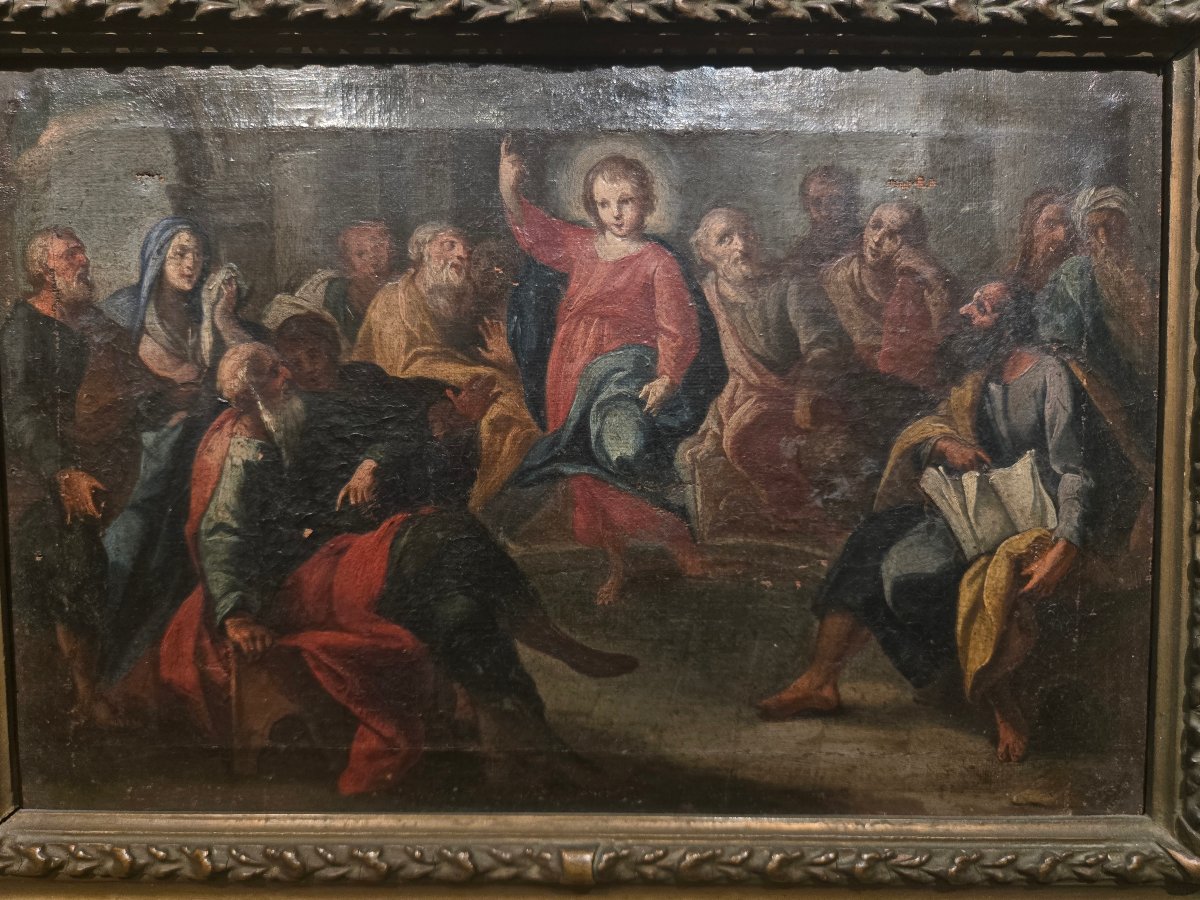 Olio su tela, 34 x 25, Gesù tra i Dottori, Maestro Veneziano del XVIII secolo, discreto stato -photo-1