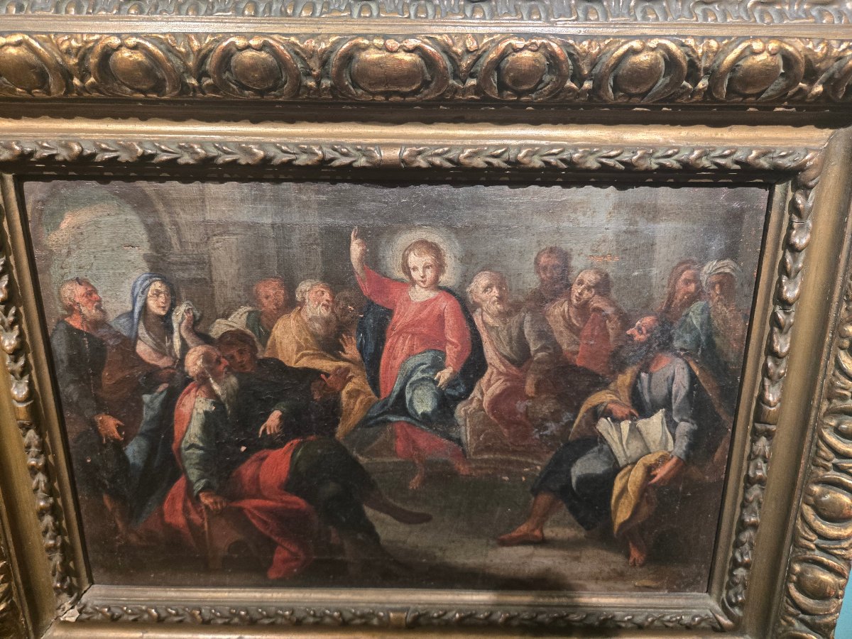 Olio su tela, 34 x 25, Gesù tra i Dottori, Maestro Veneziano del XVIII secolo, discreto stato -photo-2
