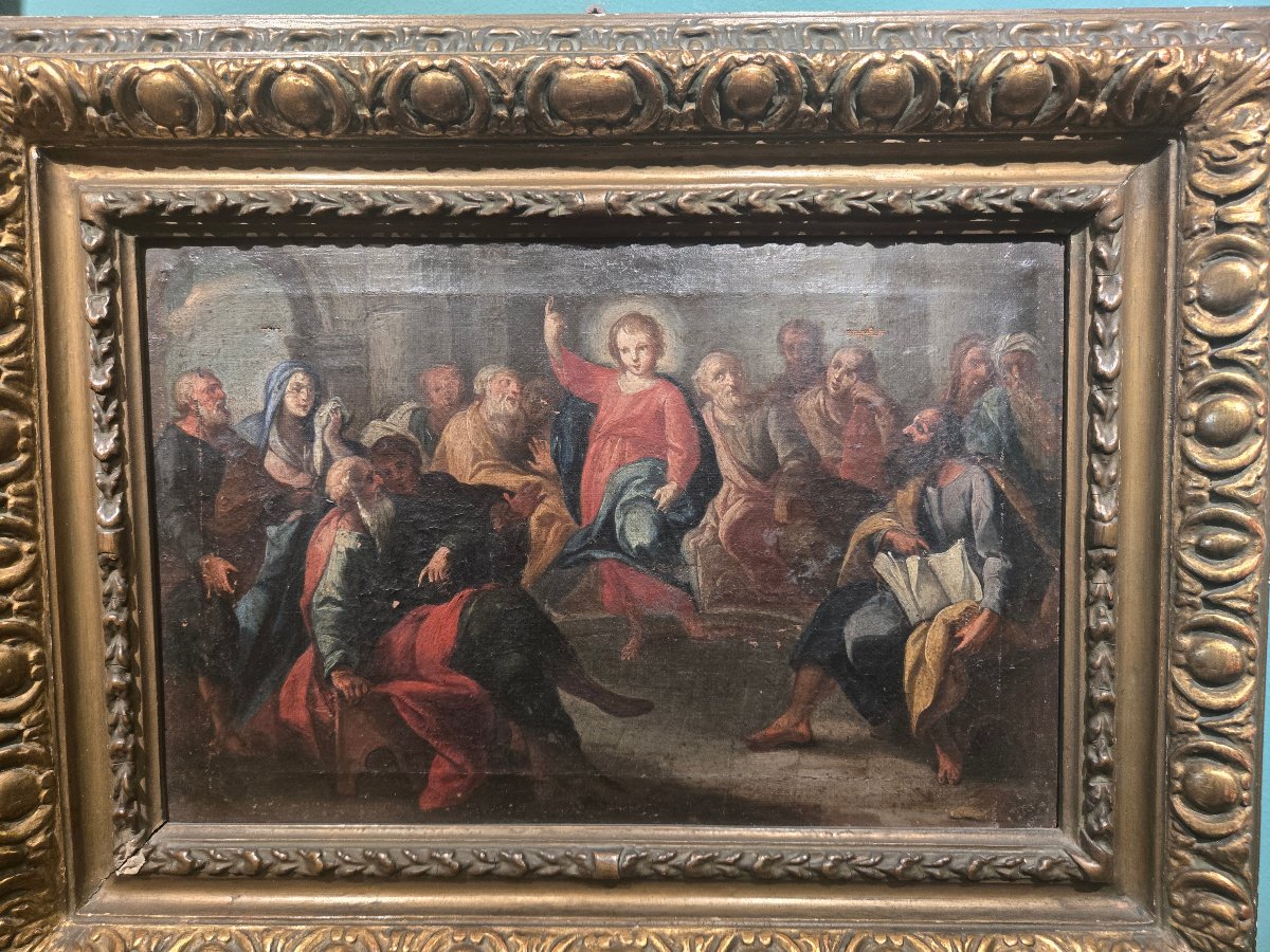 Olio su tela, 34 x 25, Gesù tra i Dottori, Maestro Veneziano del XVIII secolo, discreto stato 