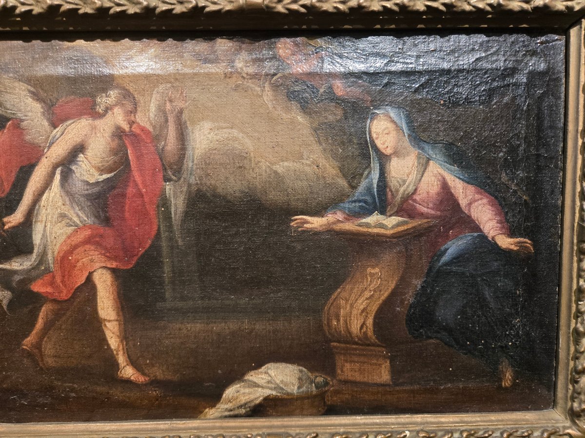 Olio su tela, cm 35 x 25, L'Annunciazione, Maestro Veneziano del XVIII secolo, discrete cond-photo-2