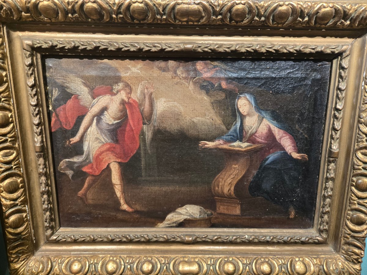 Olio su tela, cm 35 x 25, L'Annunciazione, Maestro Veneziano del XVIII secolo, discrete cond-photo-3