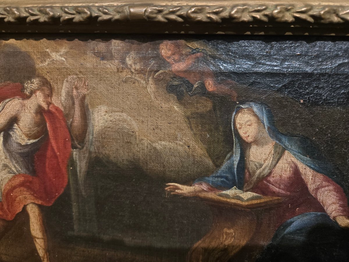 Olio su tela, cm 35 x 25, L'Annunciazione, Maestro Veneziano del XVIII secolo, discrete cond-photo-1