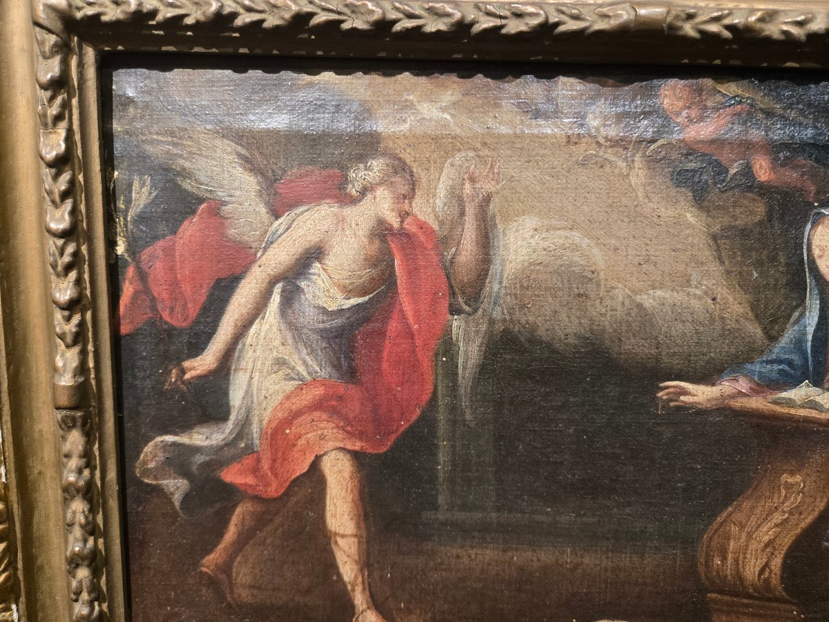Olio su tela, cm 35 x 25, L'Annunciazione, Maestro Veneziano del XVIII secolo, discrete cond-photo-2