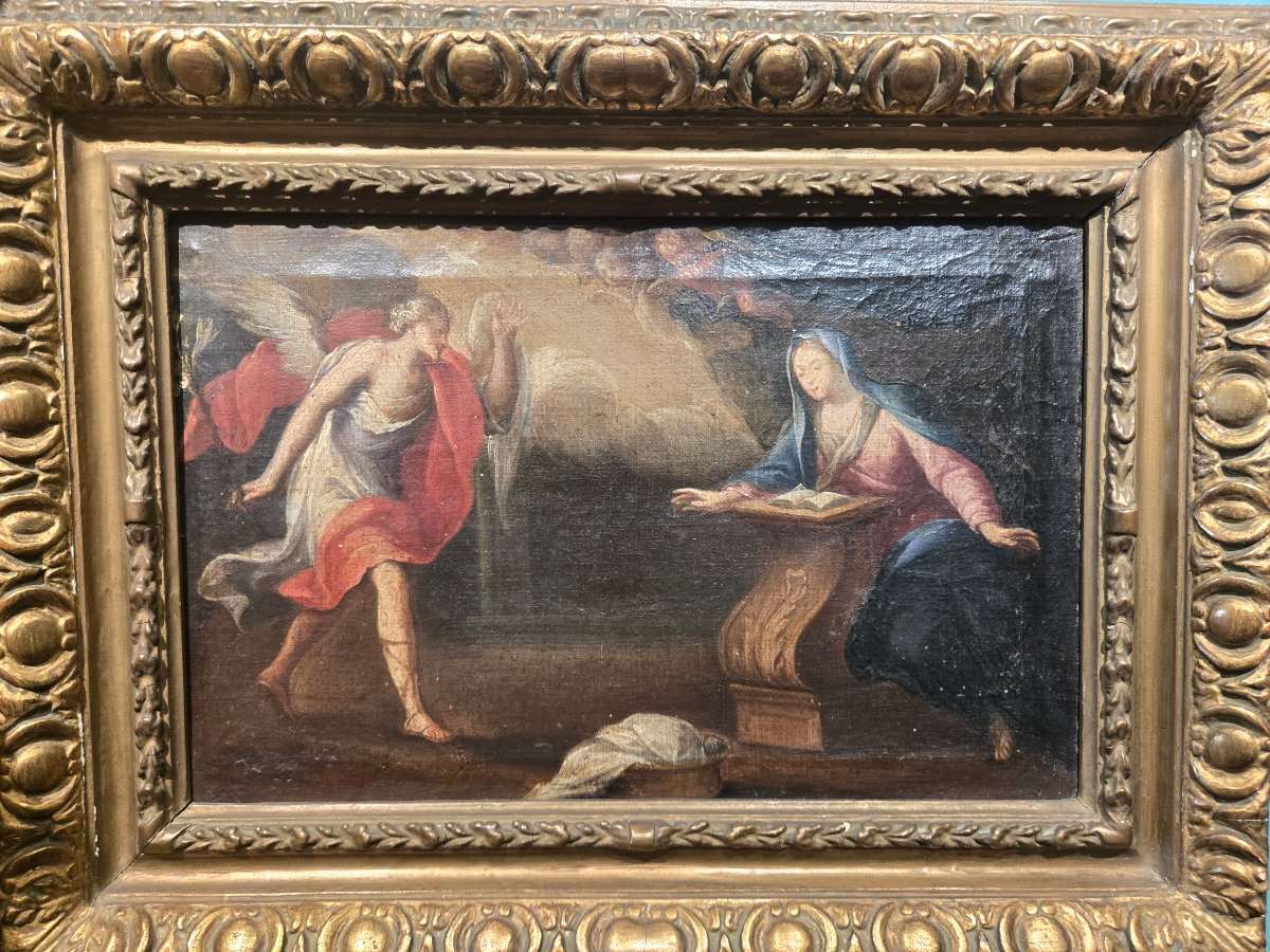Olio su tela, cm 35 x 25, L'Annunciazione, Maestro Veneziano del XVIII secolo, discrete cond