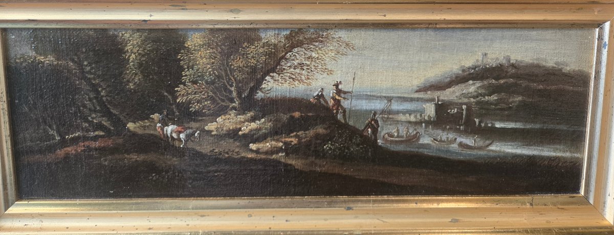 Coppia di olii su tela, paesaggi con figure, cm 47 x 16 att.ti Crescenzo Onofri fine XVII sec-photo-2