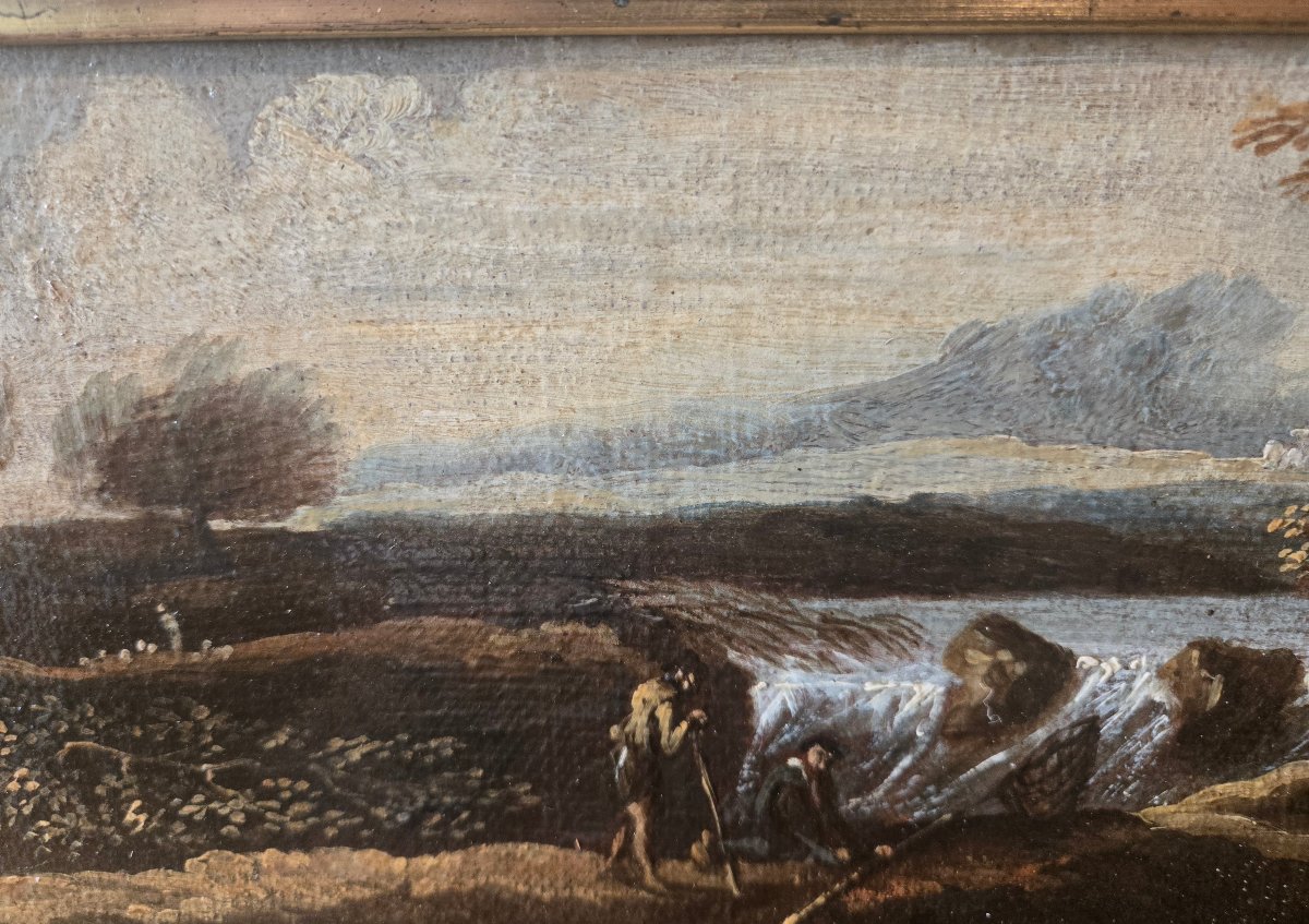 Coppia di olii su tela, paesaggi con figure, cm 47 x 16 att.ti Crescenzo Onofri fine XVII sec-photo-3