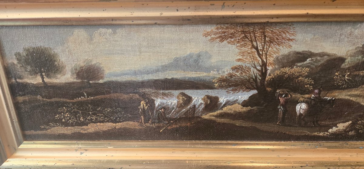 Coppia di olii su tela, paesaggi con figure, cm 47 x 16 att.ti Crescenzo Onofri fine XVII sec-photo-4