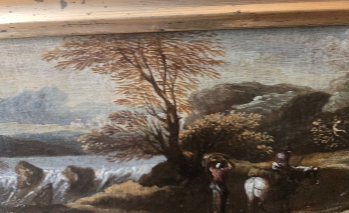 Coppia di olii su tela, paesaggi con figure, cm 47 x 16 att.ti Crescenzo Onofri fine XVII sec-photo-1