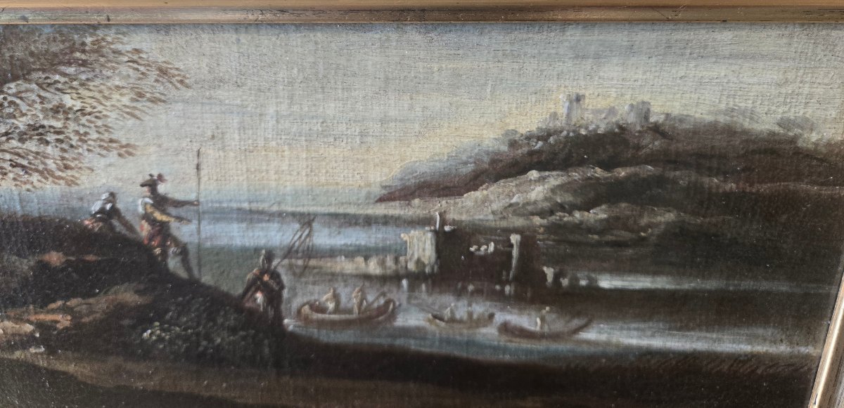 Coppia di olii su tela, paesaggi con figure, cm 47 x 16 att.ti Crescenzo Onofri fine XVII sec-photo-3