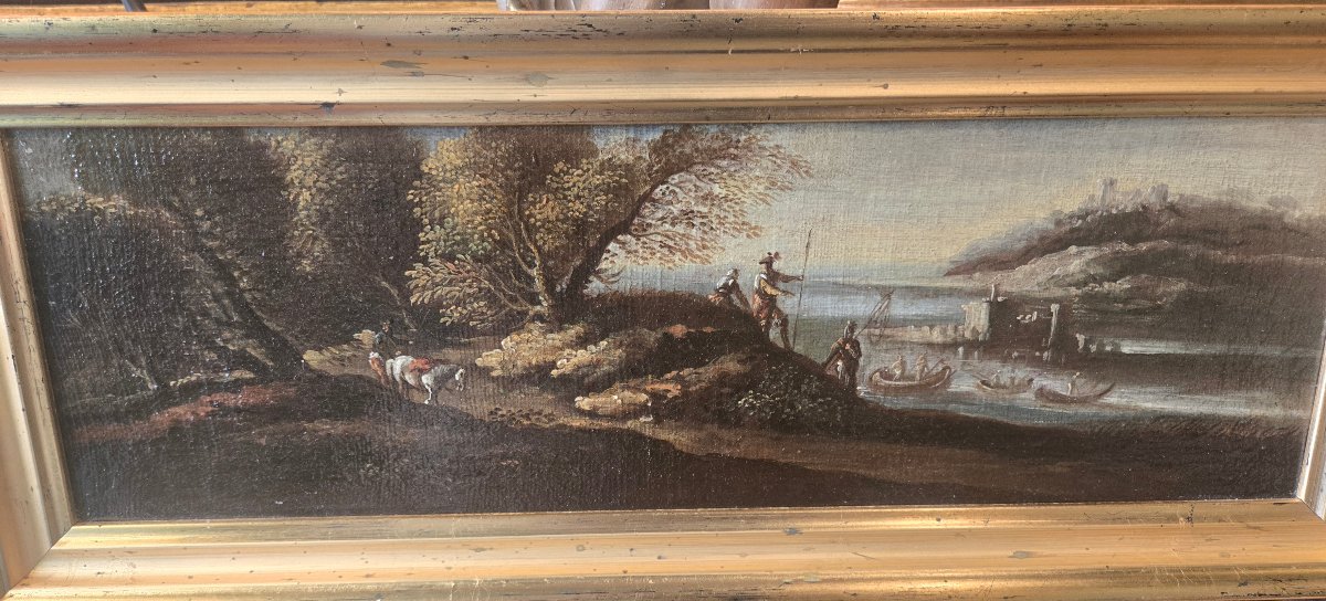 Coppia di olii su tela, paesaggi con figure, cm 47 x 16 att.ti Crescenzo Onofri fine XVII sec-photo-4