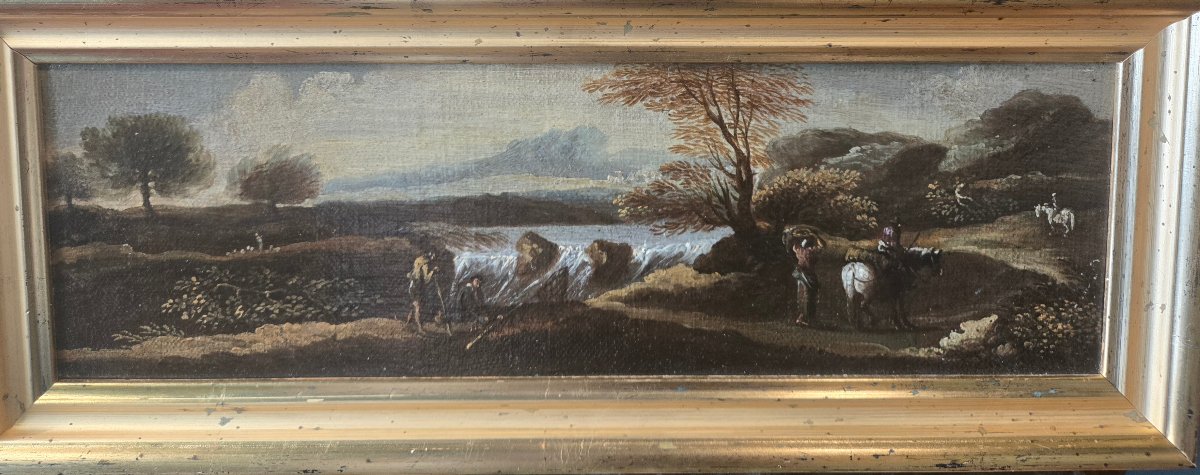 Coppia di olii su tela, paesaggi con figure, cm 47 x 16 att.ti Crescenzo Onofri fine XVII sec-photo-5