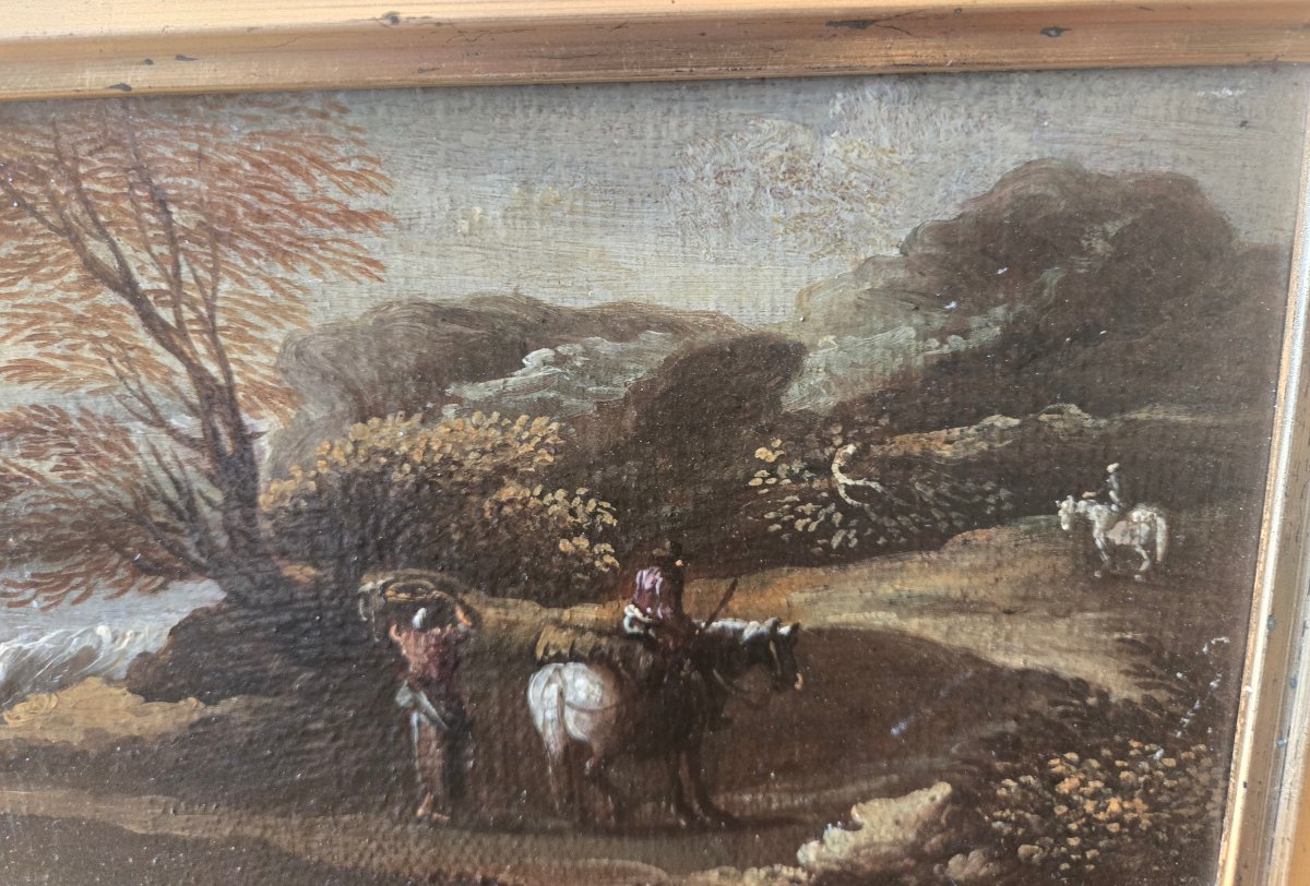 Coppia di olii su tela, paesaggi con figure, cm 47 x 16 att.ti Crescenzo Onofri fine XVII sec