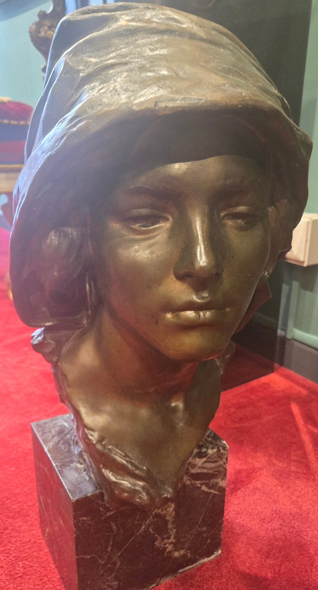 Scultura in bronzo con base in marmo, h 57 cm , Busto di Popolana, firmata Gargiulo fine 800-photo-1