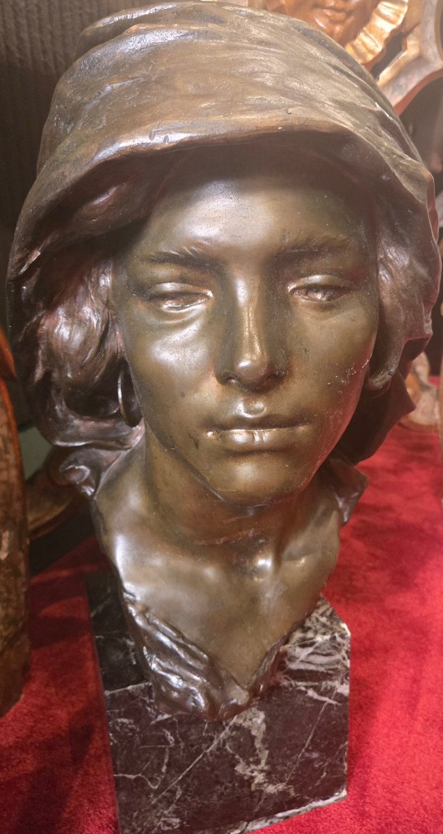 Scultura in bronzo con base in marmo, h 57 cm , Busto di Popolana, firmata Gargiulo fine 800